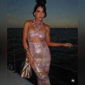 Zara maxi dress Pink Sequin Halter bodycon evening date wedding coctail